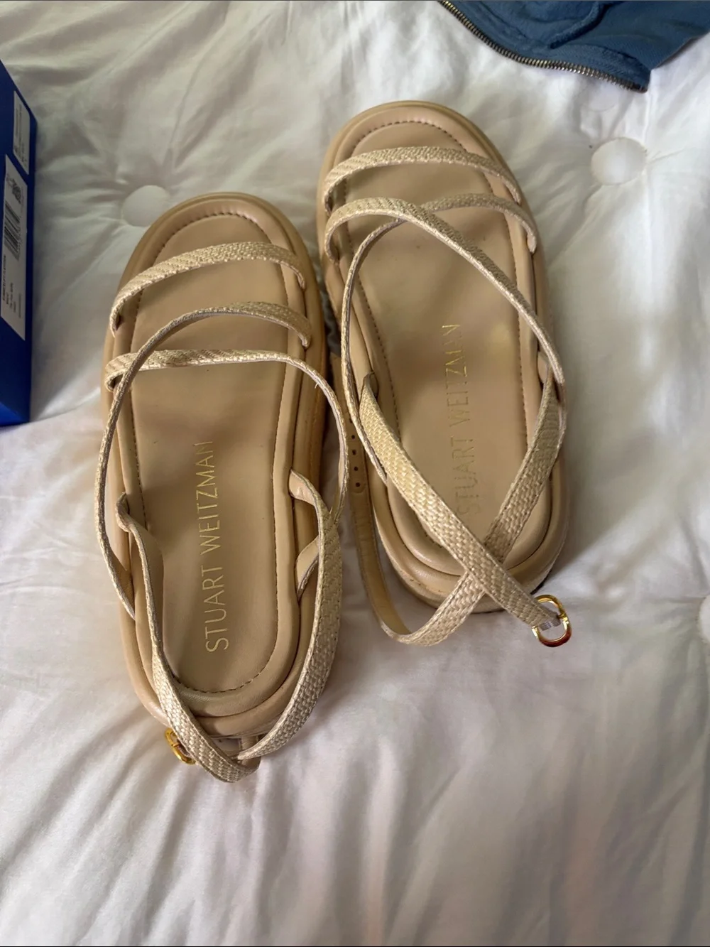 Stuart Weitzman Nude Beige Woven Platform Strappy Sandals